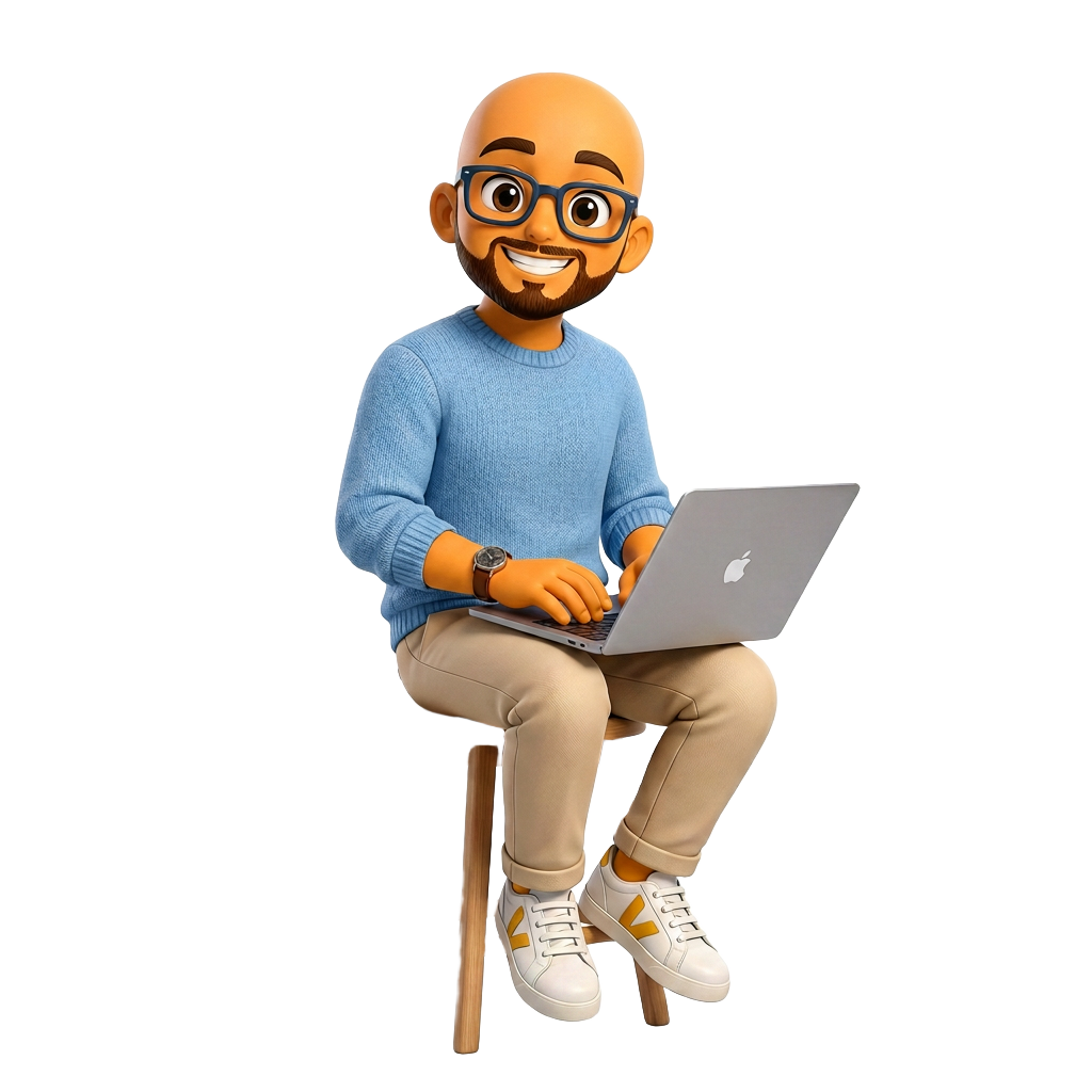 Monsieur Immo assis sur un tabouret, rédigeant un article sur son ordinateur portable